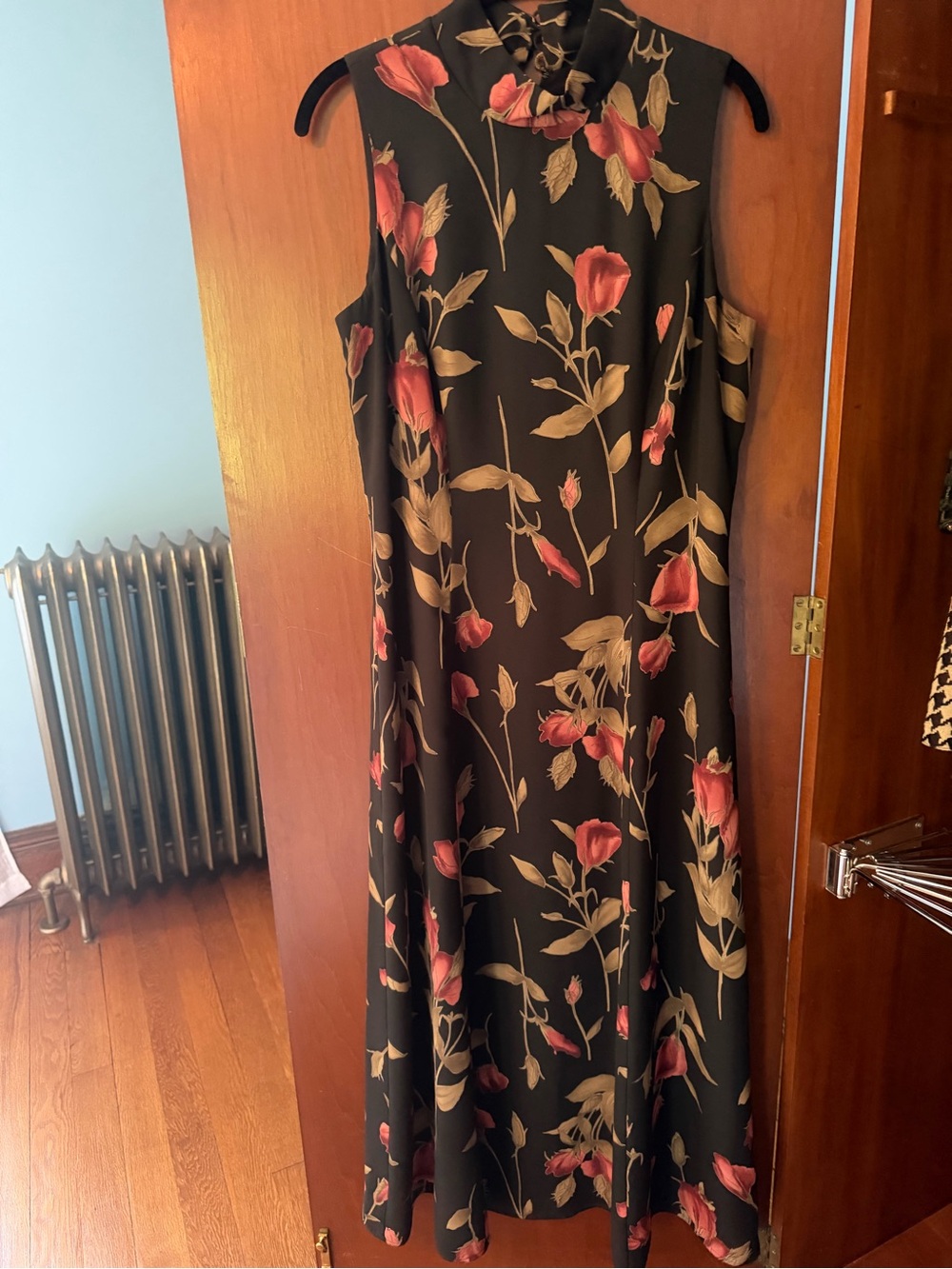 Maggy London Black Midi Dress with Pink and Tan Floral Print